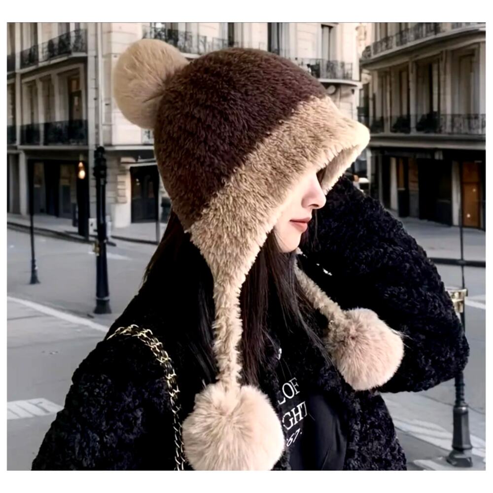 Cozy Colorblock Plush Knit Beanie Hat with Ear Flaps Tassel Brown/Beige